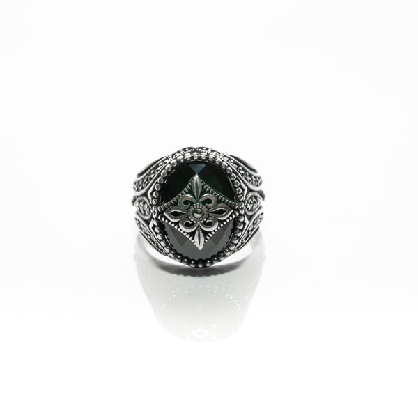 black stone emblem cutout silver ring
