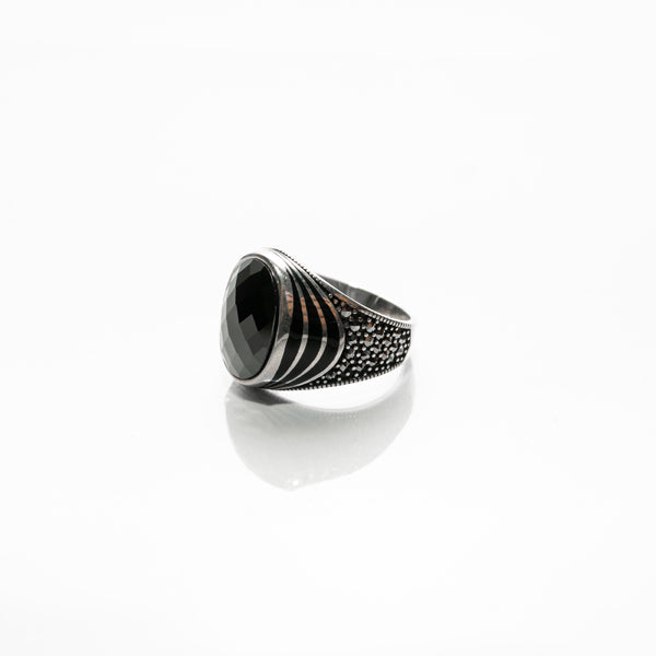 Sterling Silver and Black Onyx Stone Wide Band Ring - Reveka Rose