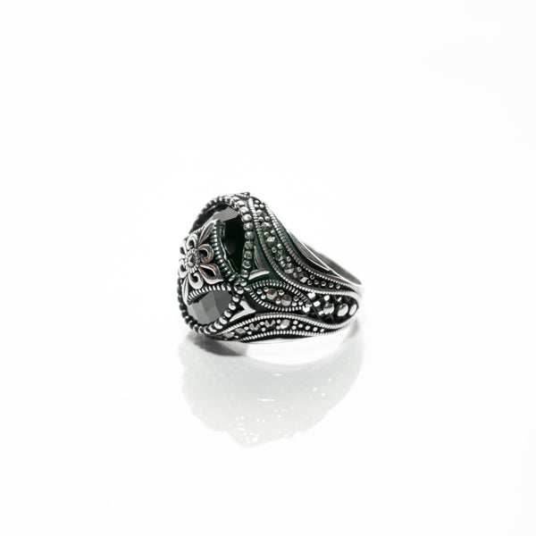 black stone emblem cutout silver ring