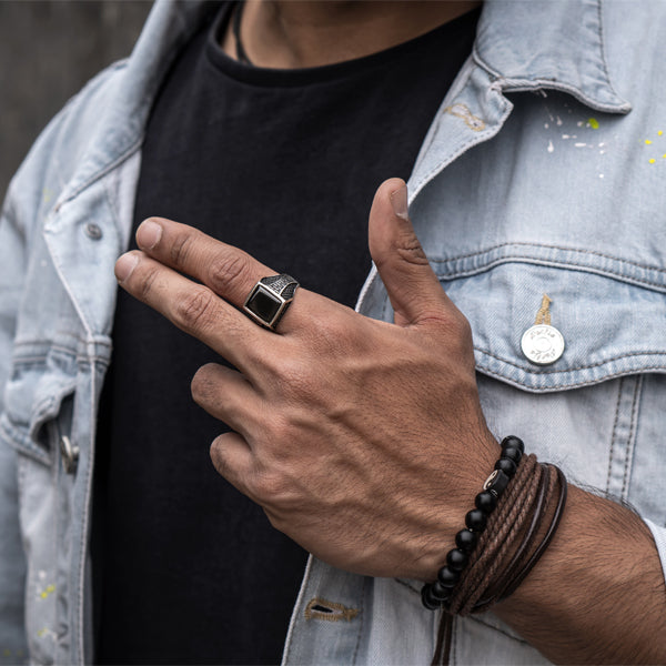 Black stone silver ring store for mens